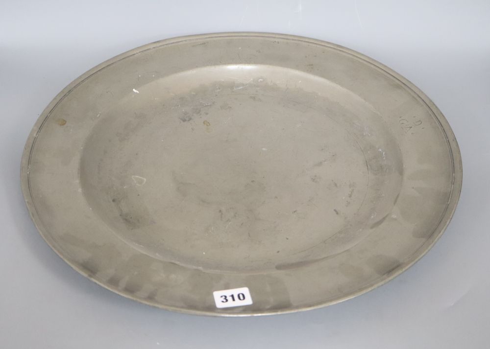 A pewter charger, c.1880. Provenance: North Mymms Park, Hertfordshire